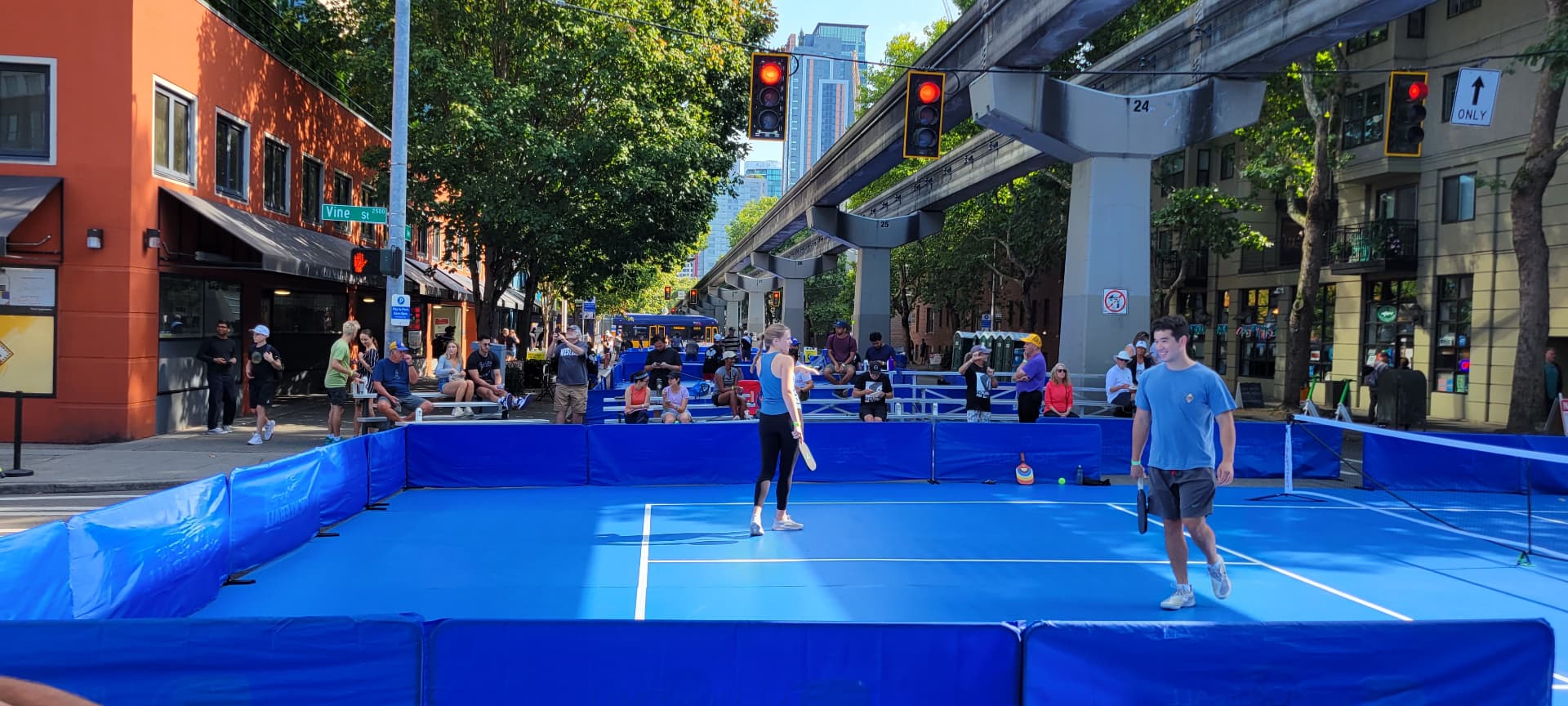 Downtown street pop-up pickleball court